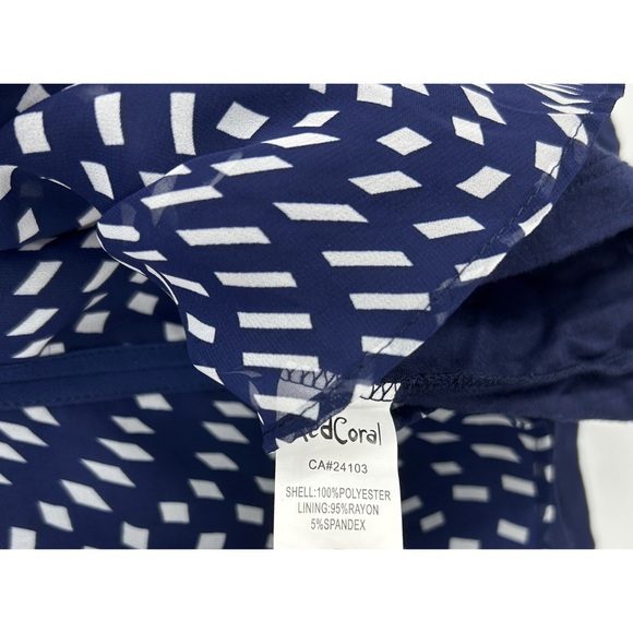 Red Coral Geometric Print Blue White Layered V-Neck Blouse - Picture 6 of 7